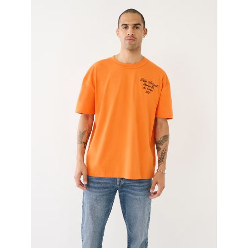 True Religion Men's Orange Fire Embroidered Tr Logo T-Shirt
