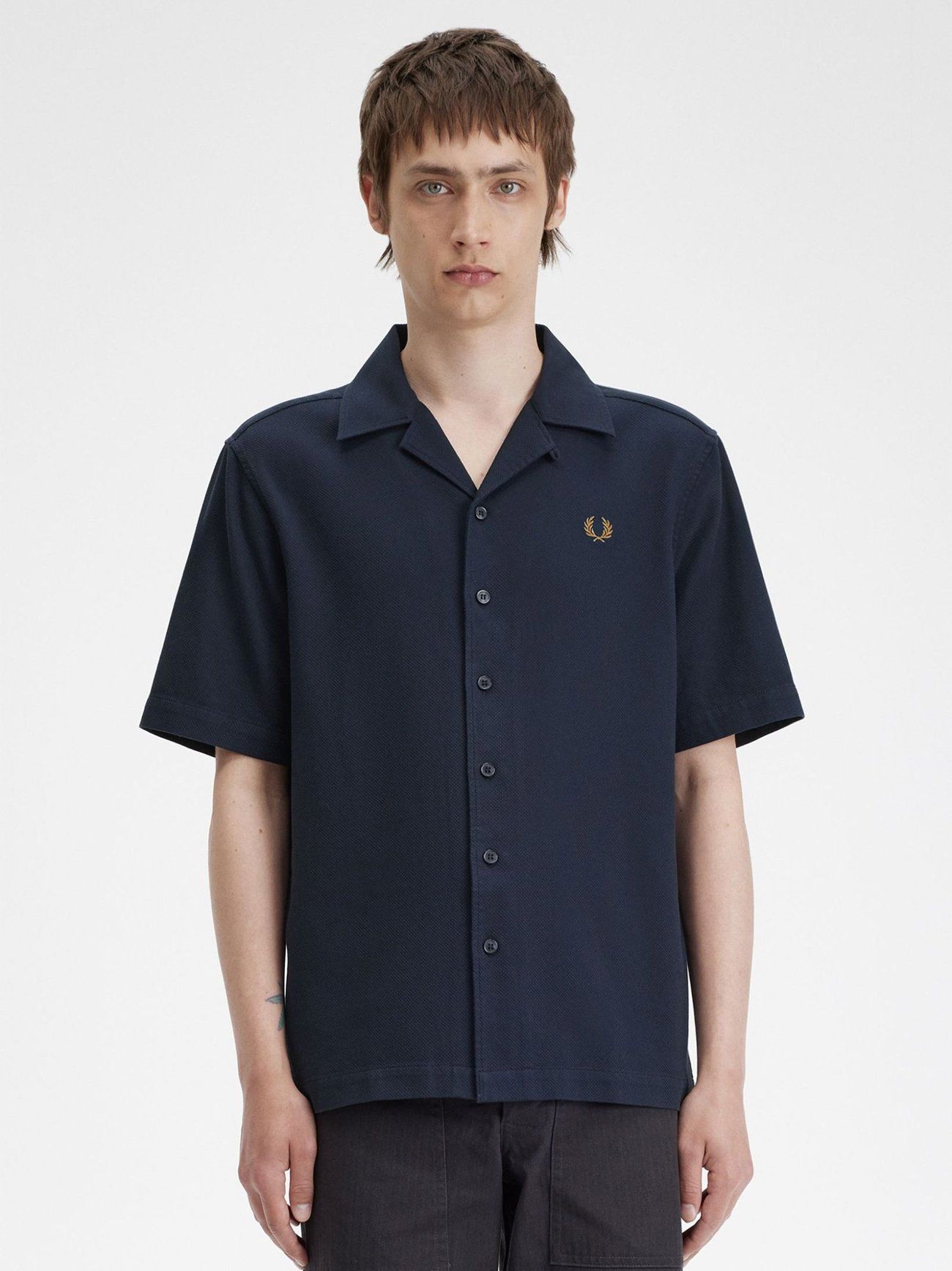 Fred Perry Mens Navy Pique Texture Revere Collar Shirt | Designerwear