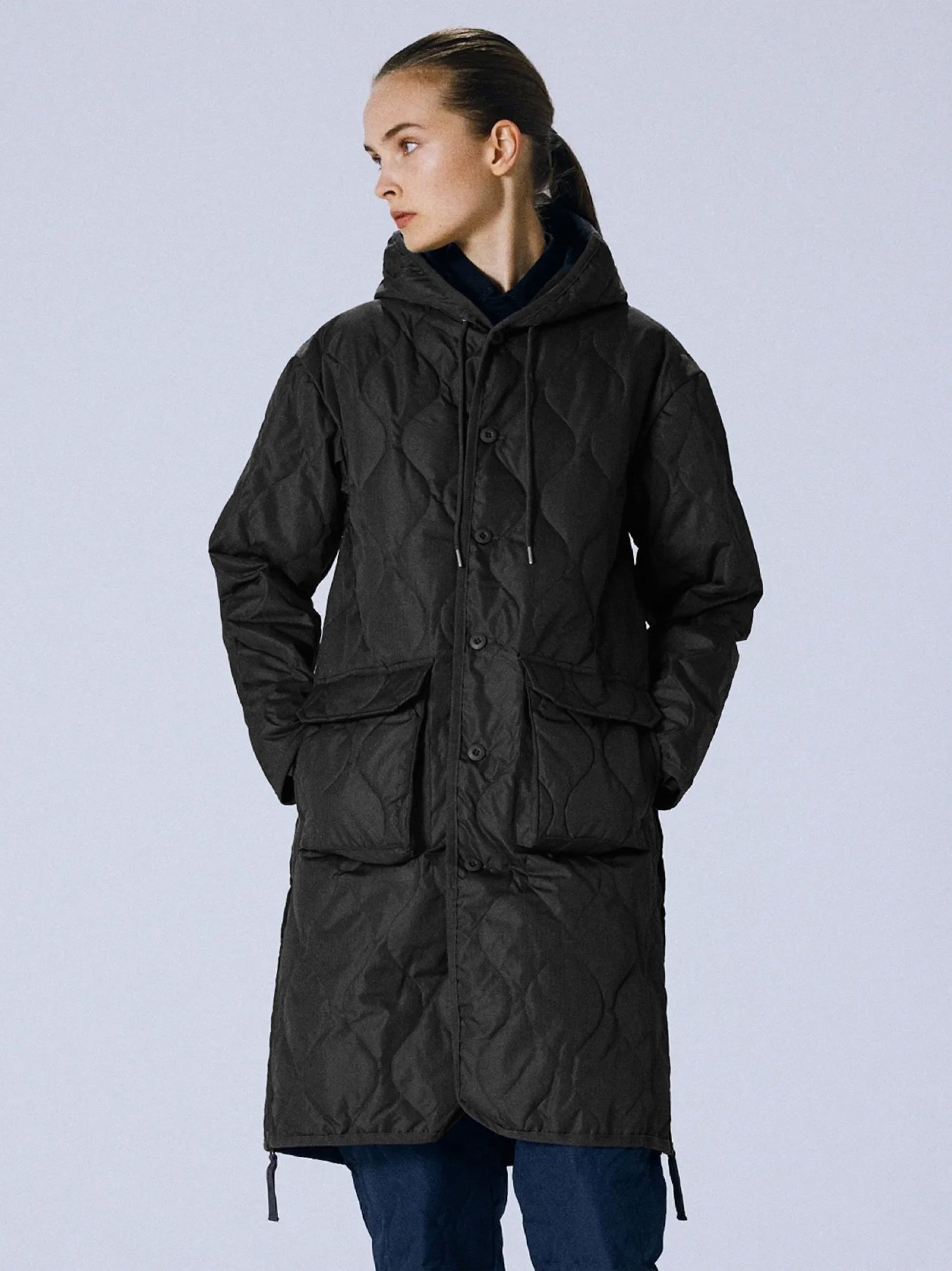 Taion Womens Black Military Hooded Long Down Jacket | Designerwear