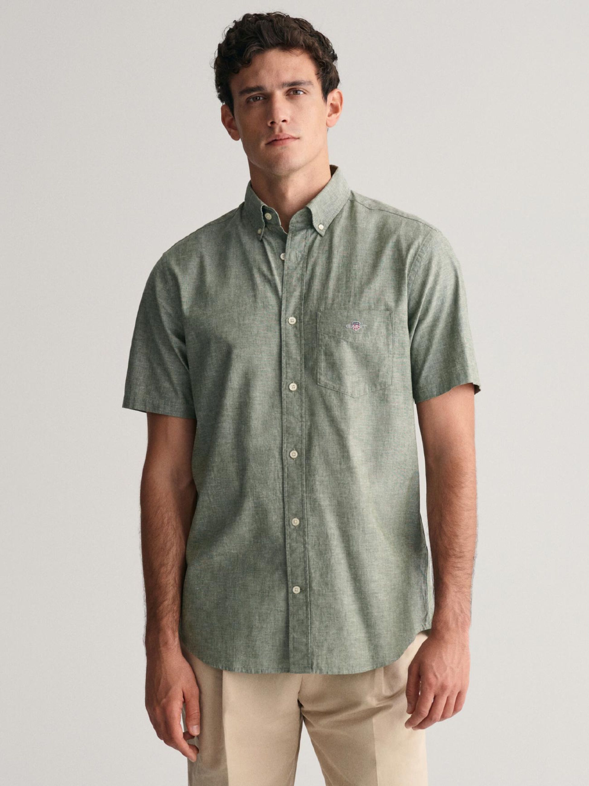 GANT Mens Pine Green Regular Fit Cotton Linen Shirt | Designerwear