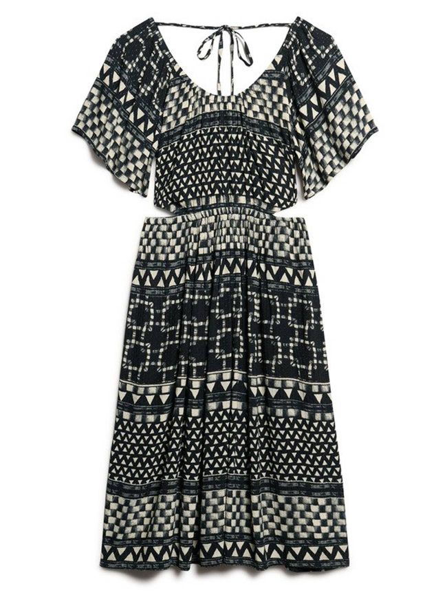 Shirbori Layer Mono Printed Cut Out Midi Dress