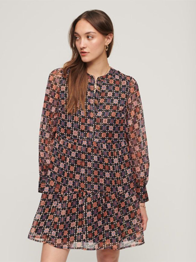 Geo Floral Print Long Sleeve Tiered Mini Dress